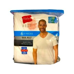 Hanes Men's 6-Pack Tagless Cotton V Neck‎ Shrt Slve T-Shirts (White, XL 46-48)